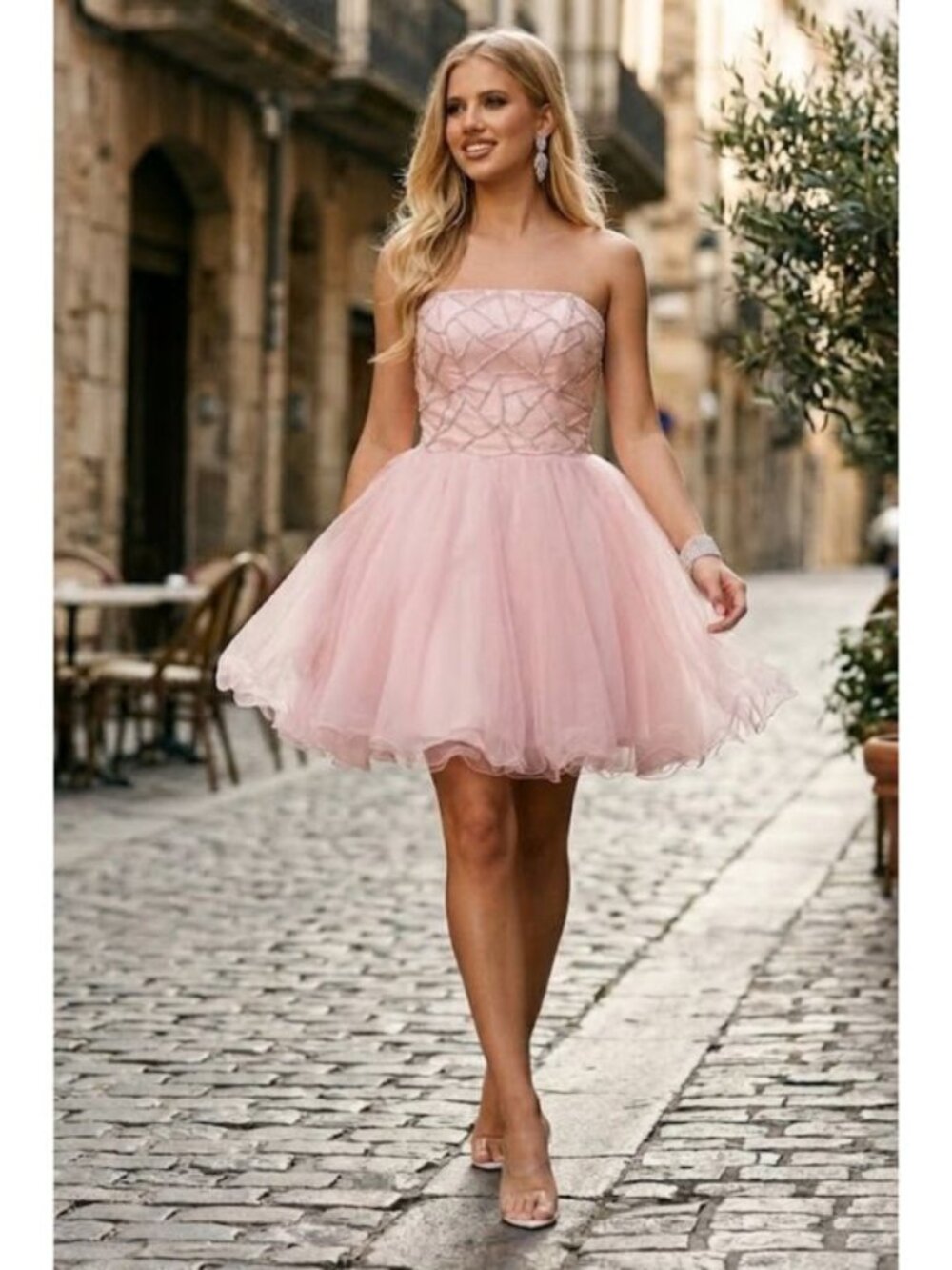 Clearance Pink Elegant Strapless Beaded Evening Tulle Homecoming Dress 231P0565